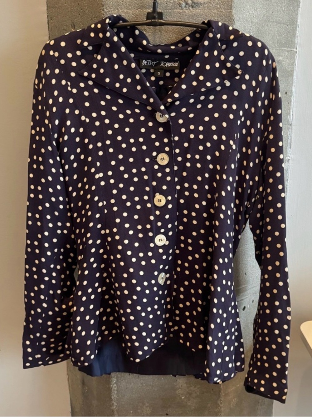 Vintage 90s Betsey Johnson Navy and Cream Polka Dot Button-Up Blouse